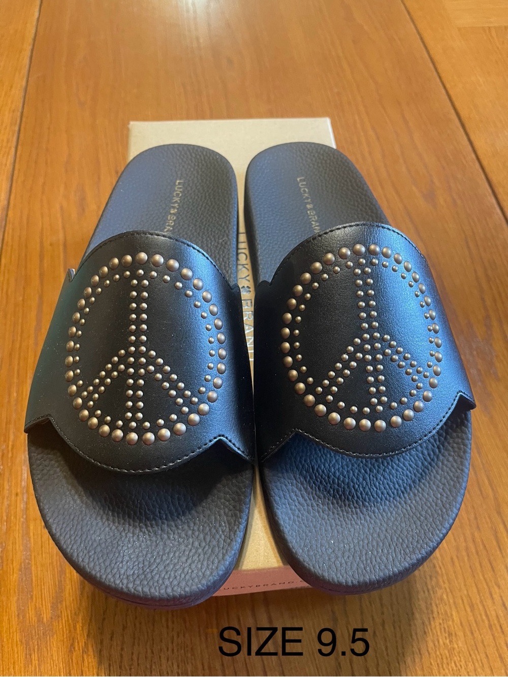 Lucky Brand Black Slide Sandals with Studded Peace Sign Detail